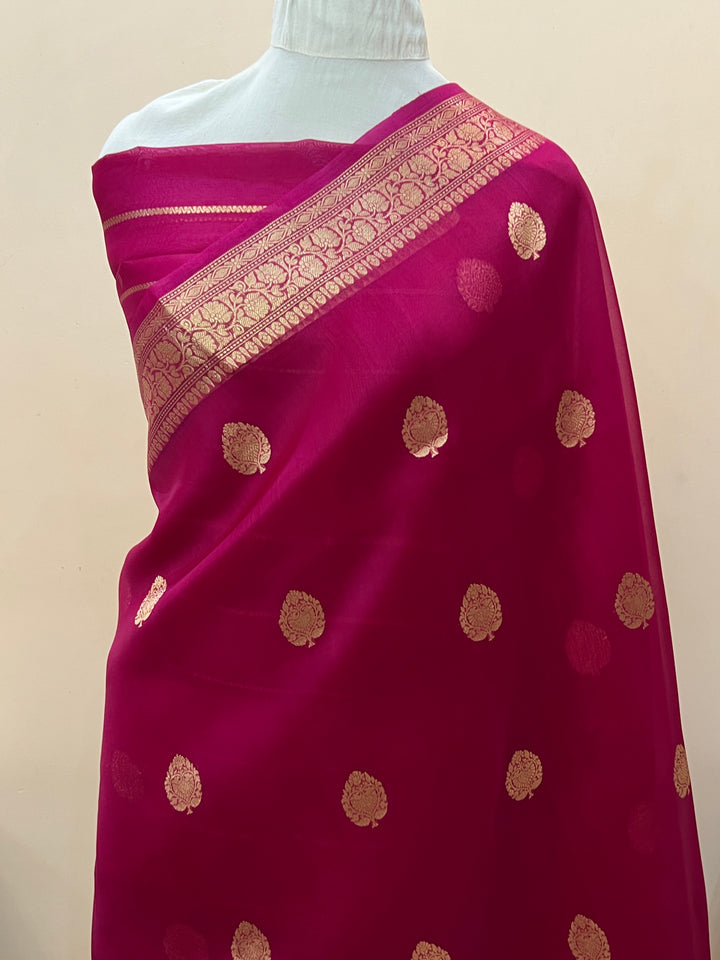 Rani Pink Pure Banarasi Handloom Kora Silk Saree
