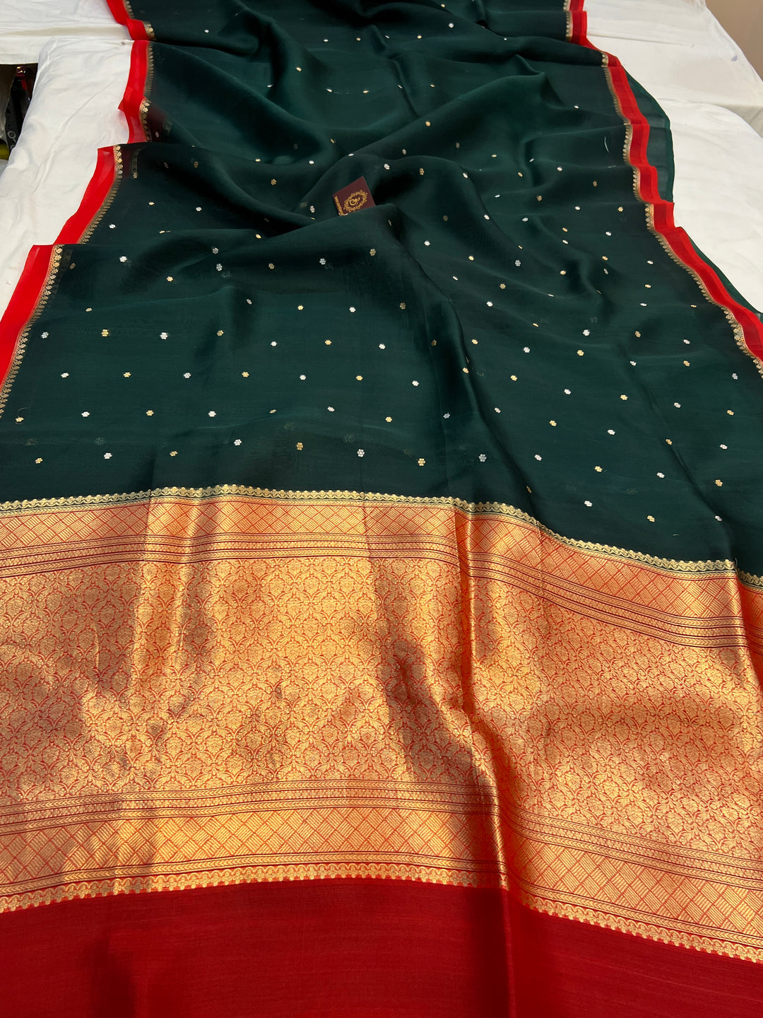 Bottle Green Pure Kora Silk Handloom Banarasi Saree