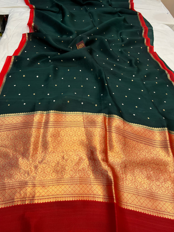 Bottle Green Pure Kora Silk Handloom Banarasi Saree