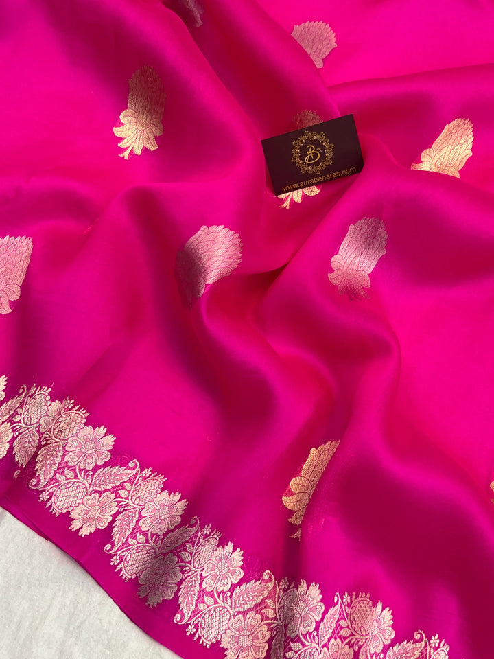 Hot Pink Pure Kora Silk Handloom Banarasi Saree with Sona Rupa Butas
