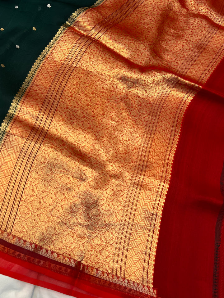 Bottle Green Pure Kora Silk Handloom Banarasi Saree