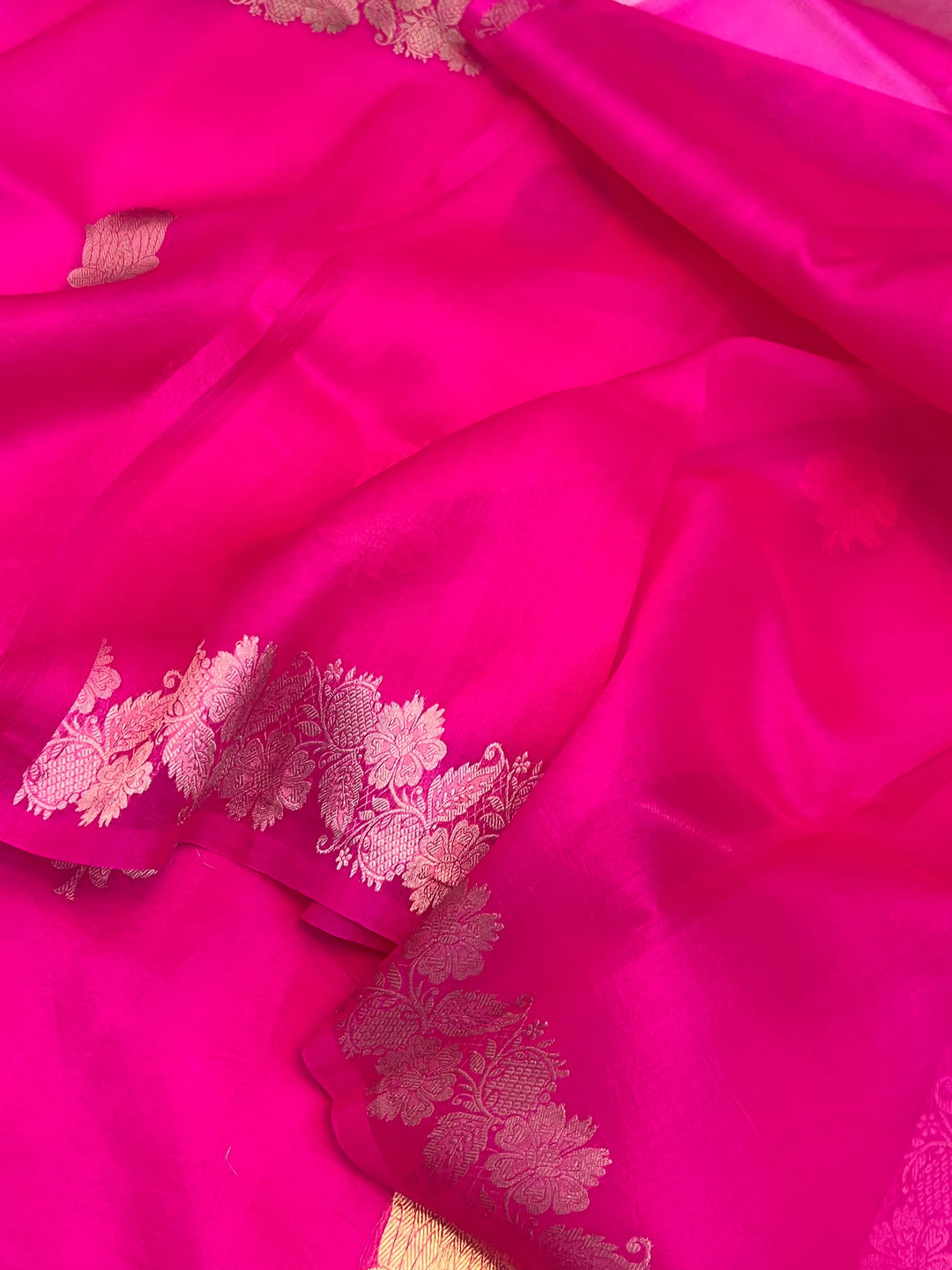 Hot Pink Pure Kora Silk Handloom Banarasi Saree with Sona Rupa Butas