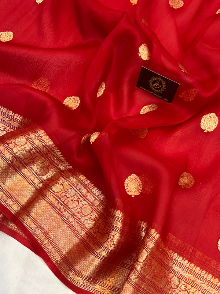 Red Pure Banarasi Handloom Kora Silk Saree