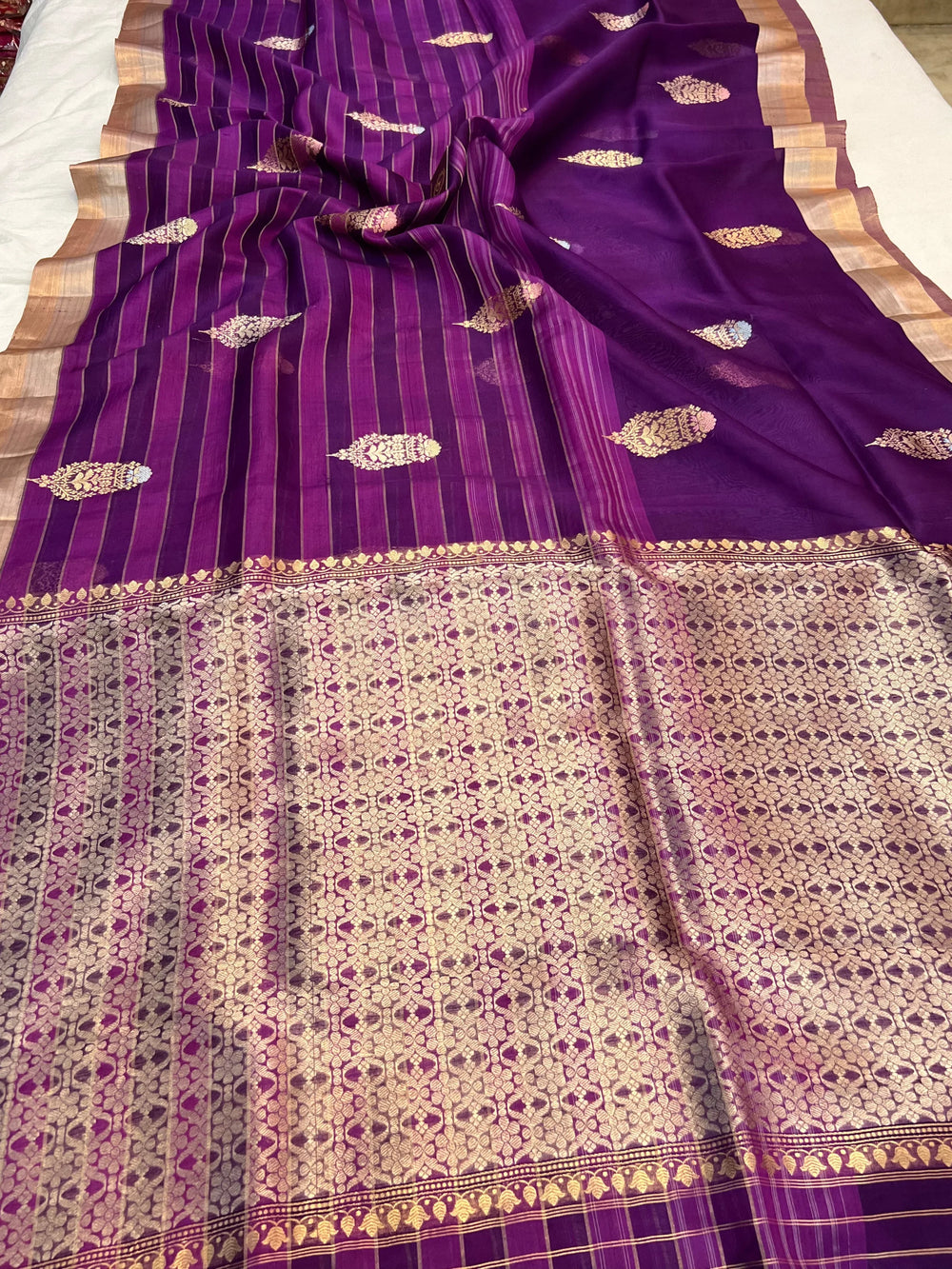 Purple Pure Kora Silk Handloom Banarasi Saree featuring golden zari horizontal stripes