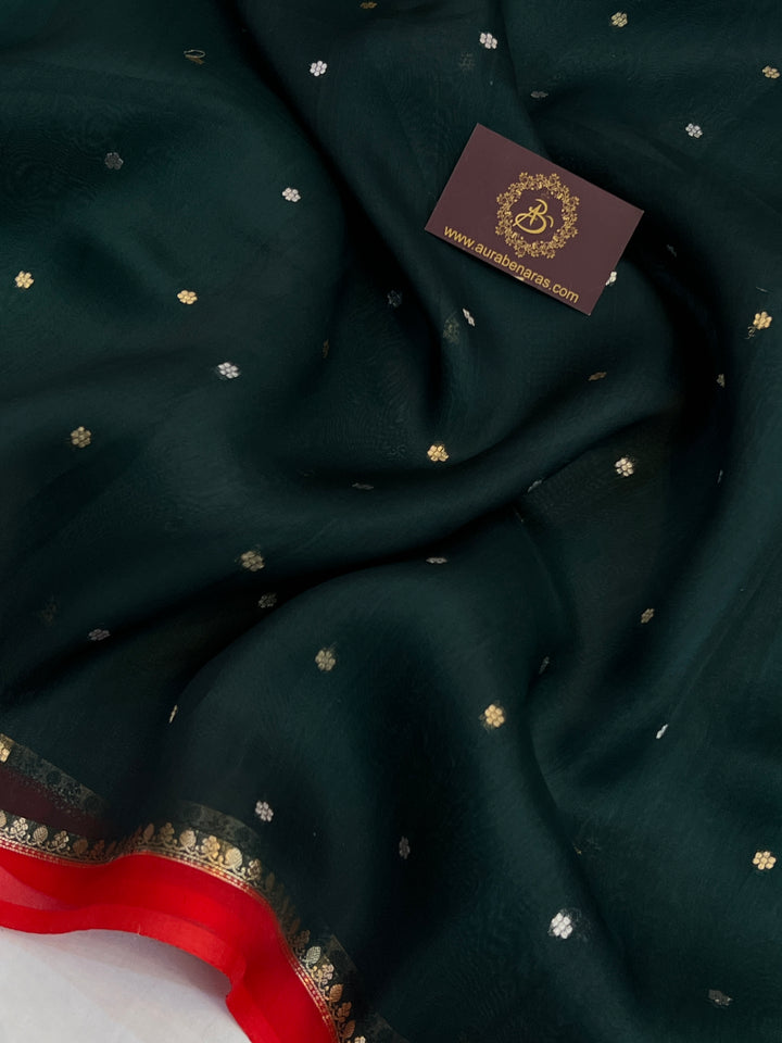 Bottle Green Pure Kora Silk Handloom Banarasi Saree