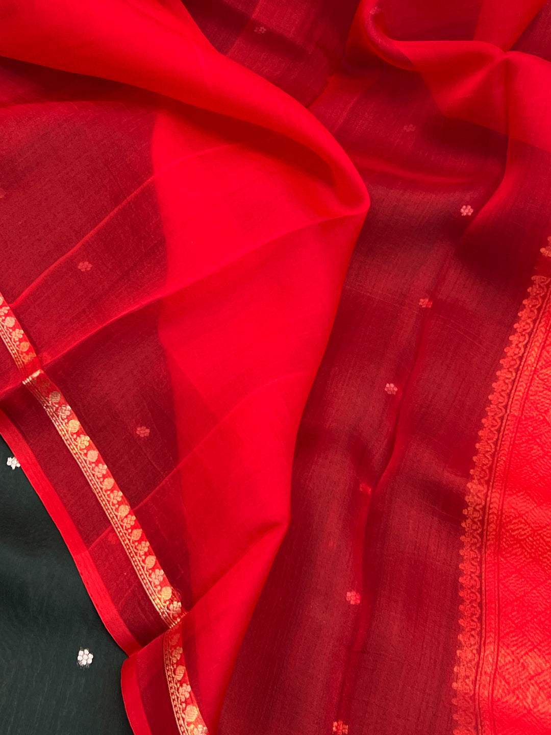Bottle Green Pure Kora Silk Handloom Banarasi Saree