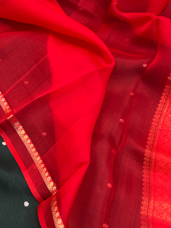 Bottle Green Pure Kora Silk Handloom Banarasi Saree