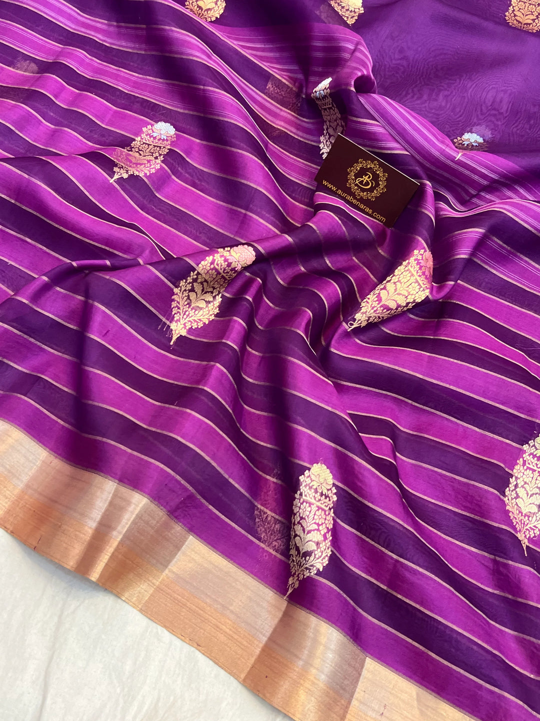 Purple Pure Kora Silk Handloom Banarasi Saree featuring golden zari horizontal stripes
