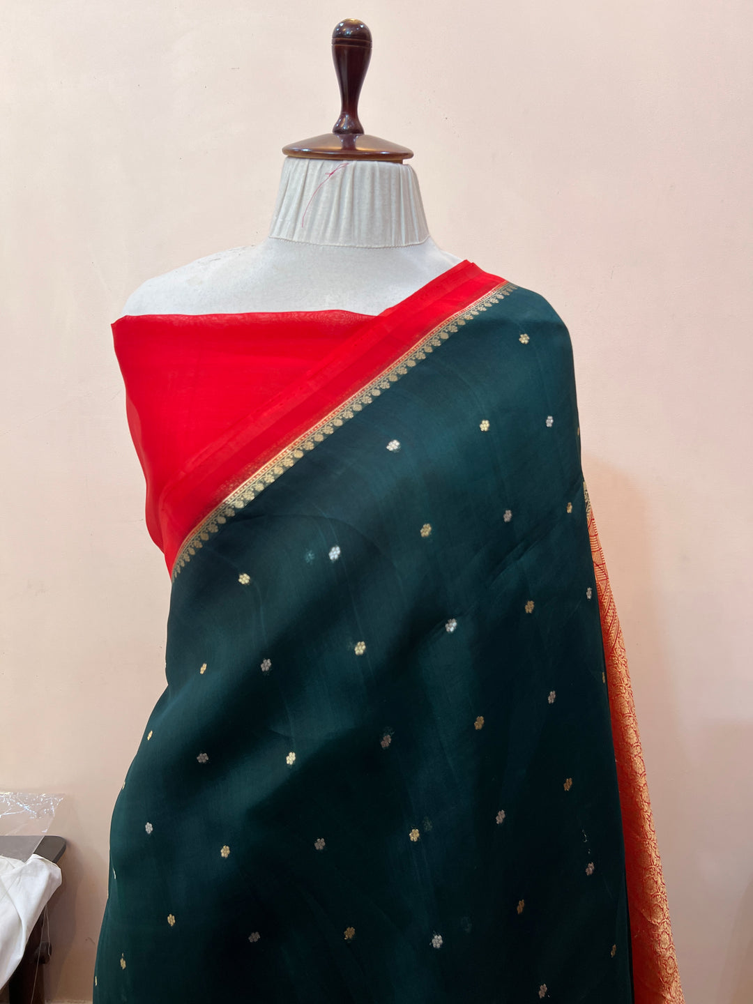 Bottle Green Pure Kora Silk Handloom Banarasi Saree