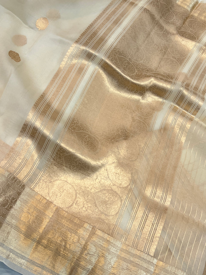 Cream Pure Banarasi Handloom Kora Silk Saree