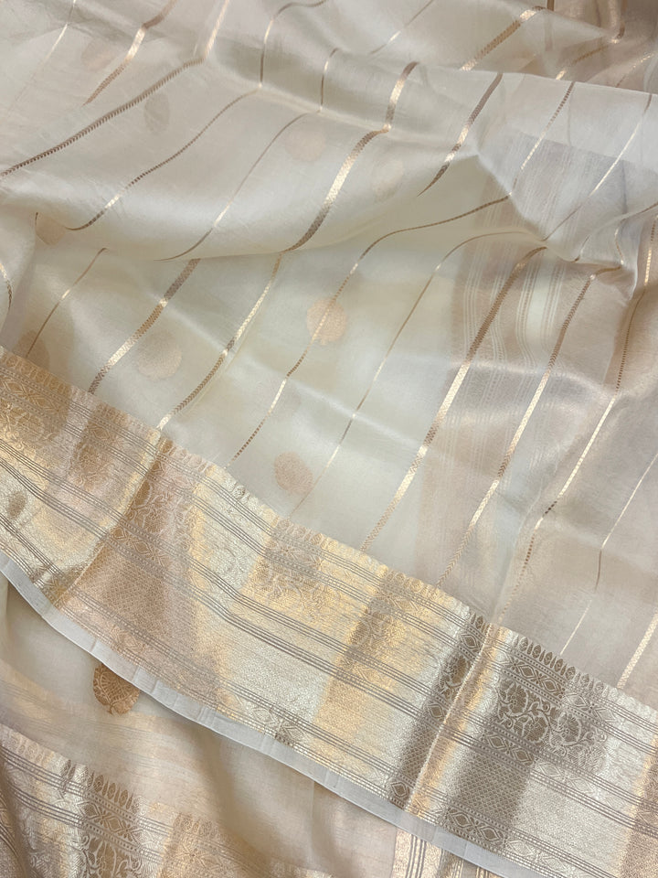 Cream Pure Banarasi Handloom Kora Silk Saree
