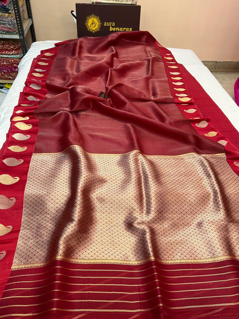 Bridal red pure Kora silk Banarasi saree with golden zari stripes