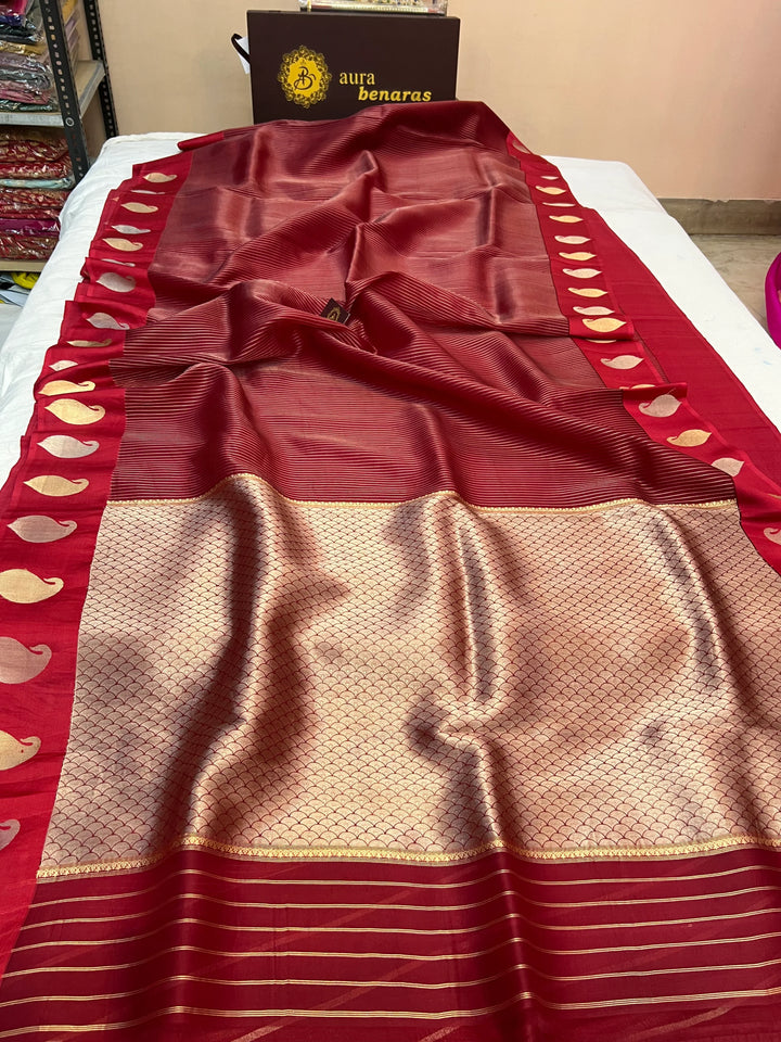 Bridal red pure Kora silk Banarasi saree with golden zari stripes