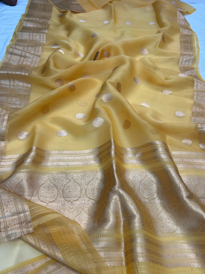 Mango yellow Pure Banarasi Handloom Kora Silk Saree