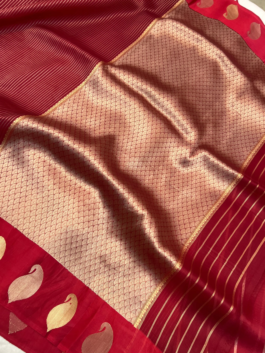 Bridal red pure Kora silk Banarasi saree with golden zari stripes