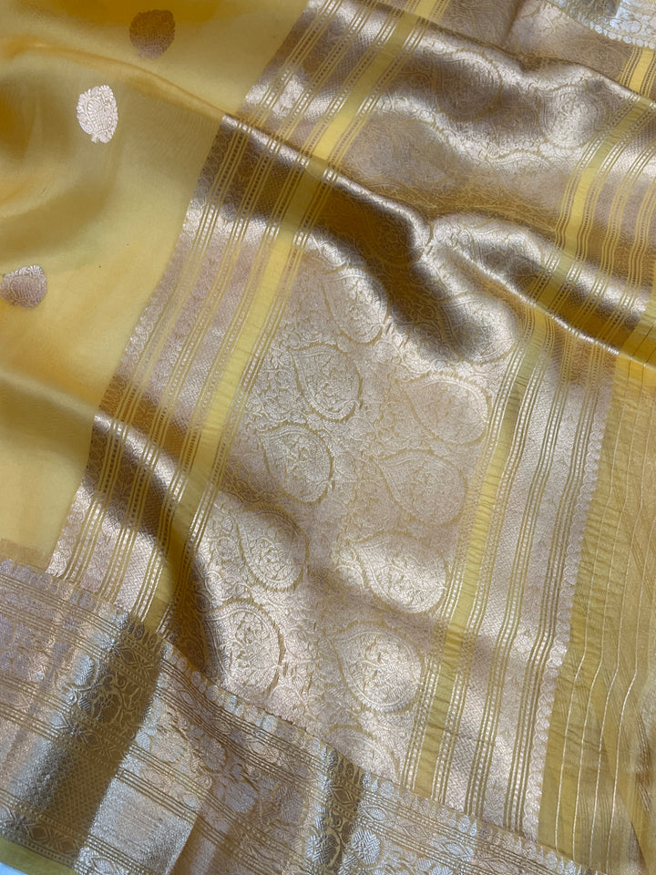 Mango yellow Pure Banarasi Handloom Kora Silk Saree