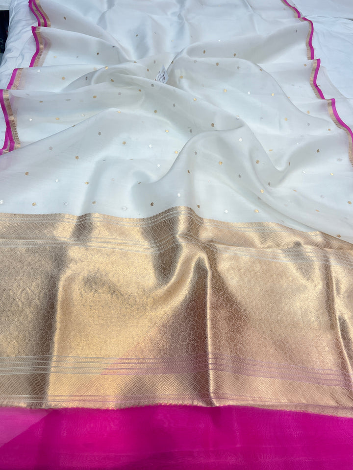 White Pure Kora Silk Handloom Banarasi Saree