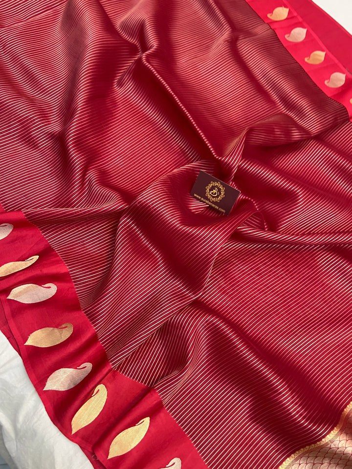 Bridal red pure Kora silk Banarasi saree with golden zari stripes