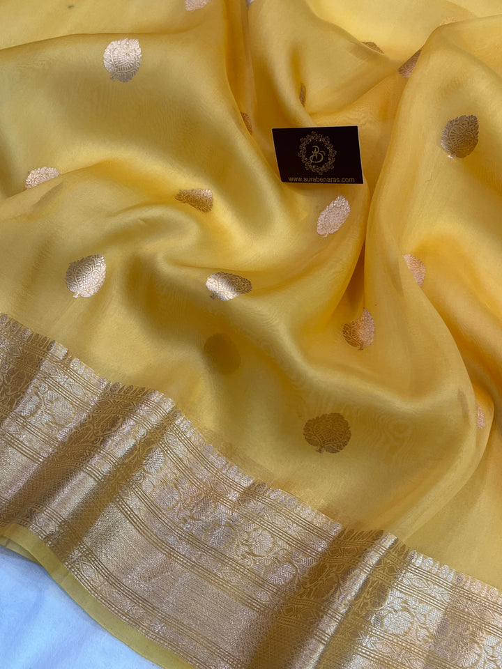 Mango yellow Pure Banarasi Handloom Kora Silk Saree