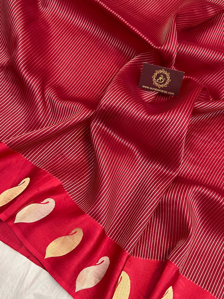 Bridal red pure Kora silk Banarasi saree with golden zari stripes