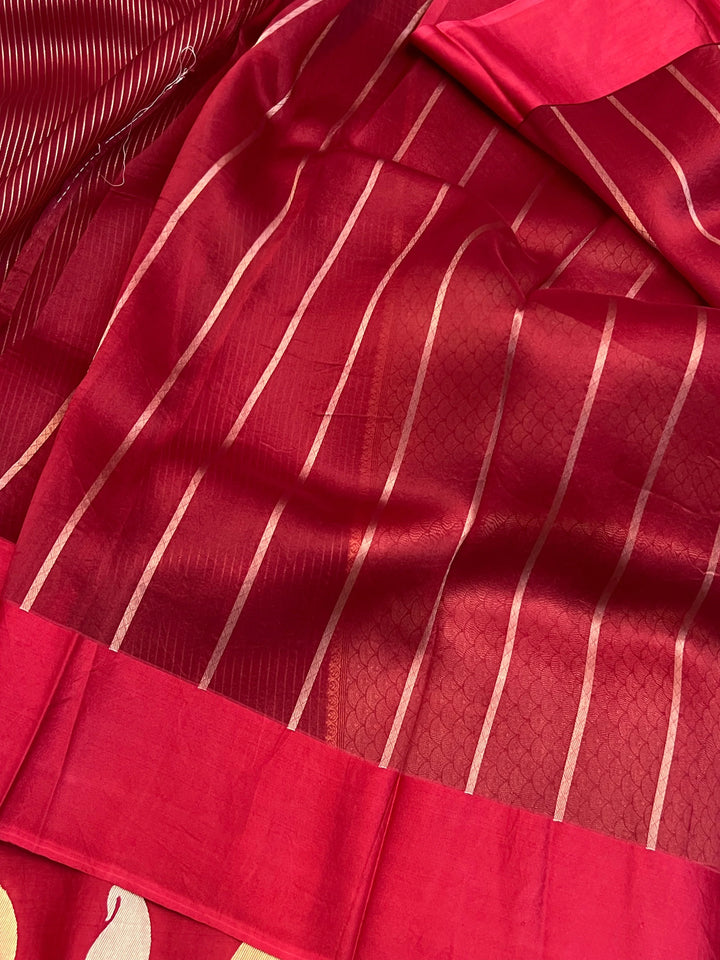 Bridal red pure Kora silk Banarasi saree with golden zari stripes