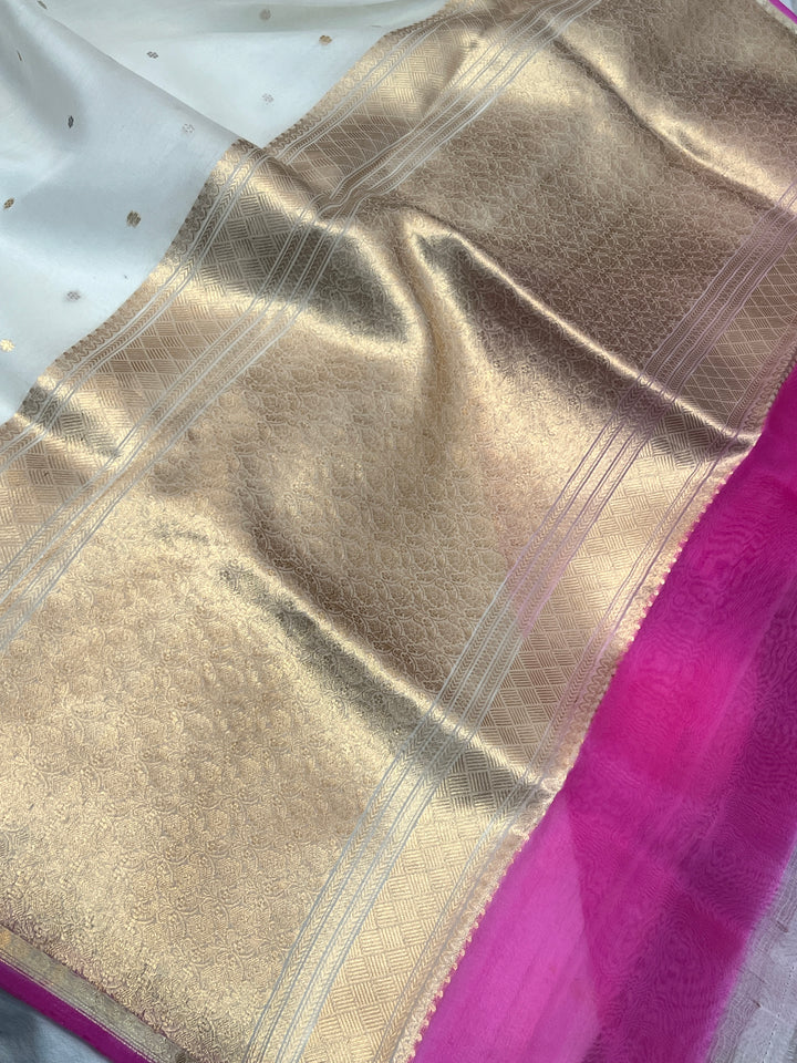 White Pure Kora Silk Handloom Banarasi Saree
