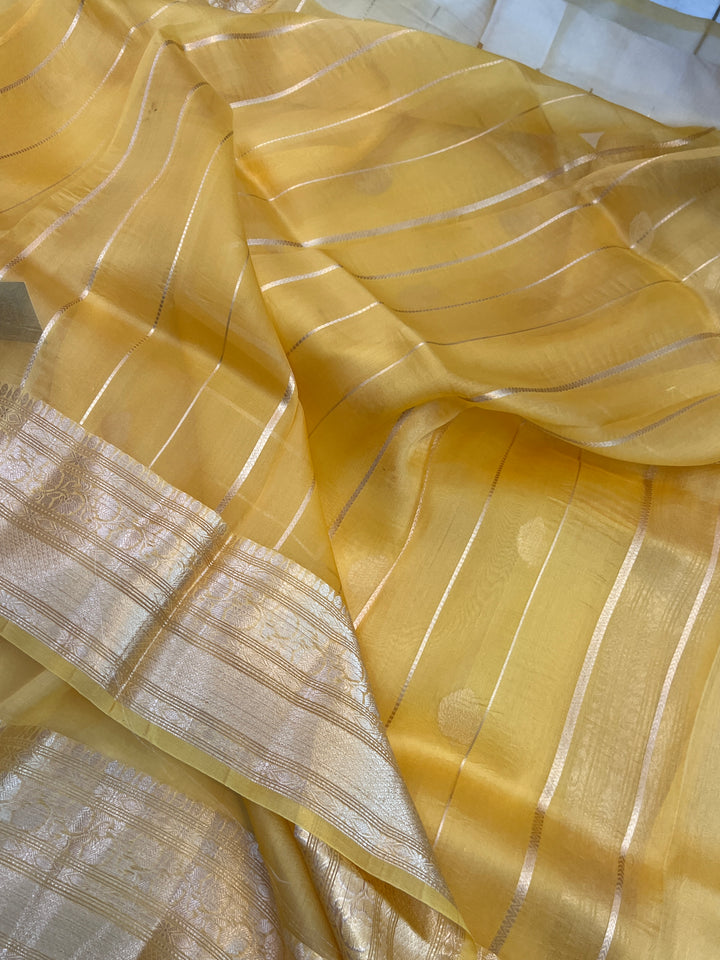 Mango yellow Pure Banarasi Handloom Kora Silk Saree