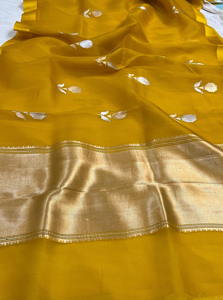 Mustard Yellow Banarasi Handloom Kora Silk Saree - Aura Benaras