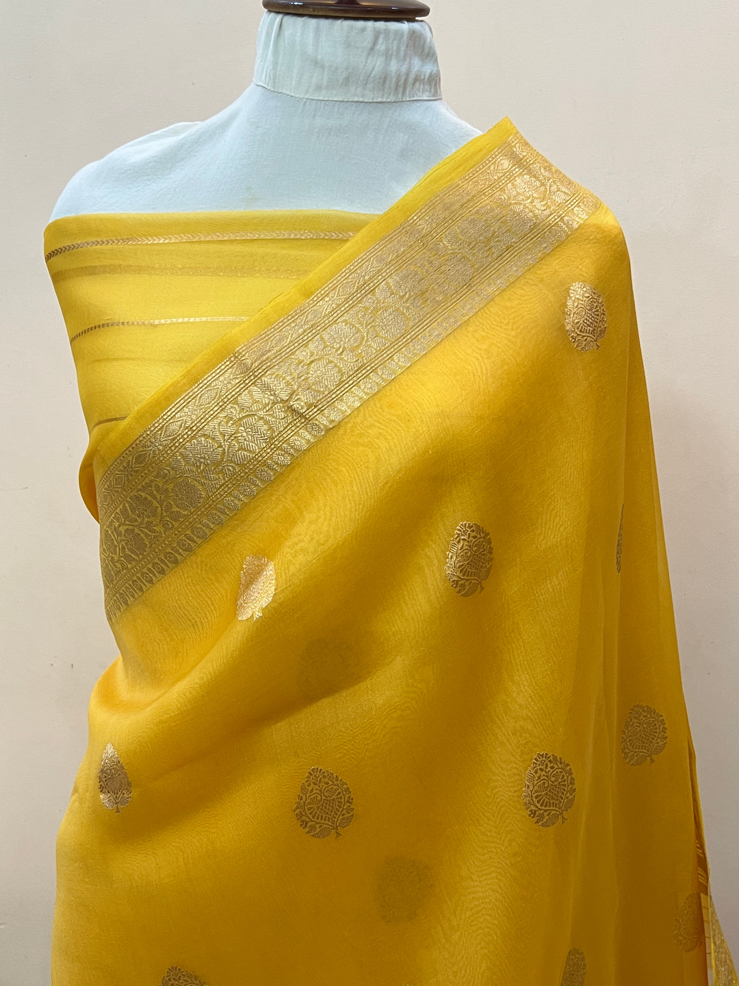 Mango yellow Pure Banarasi Handloom Kora Silk Saree