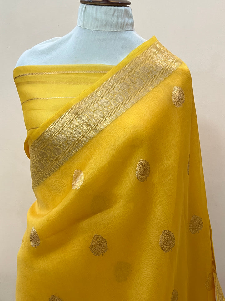 Mango yellow Pure Banarasi Handloom Kora Silk Saree