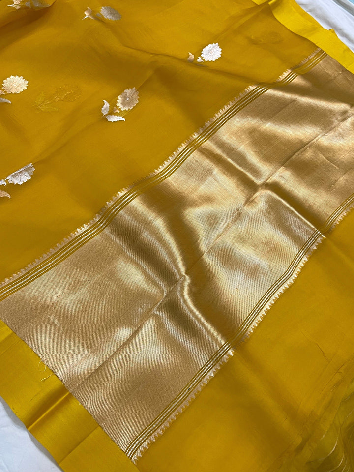 Mustard Yellow Banarasi Handloom Kora Silk Saree - Aura Benaras