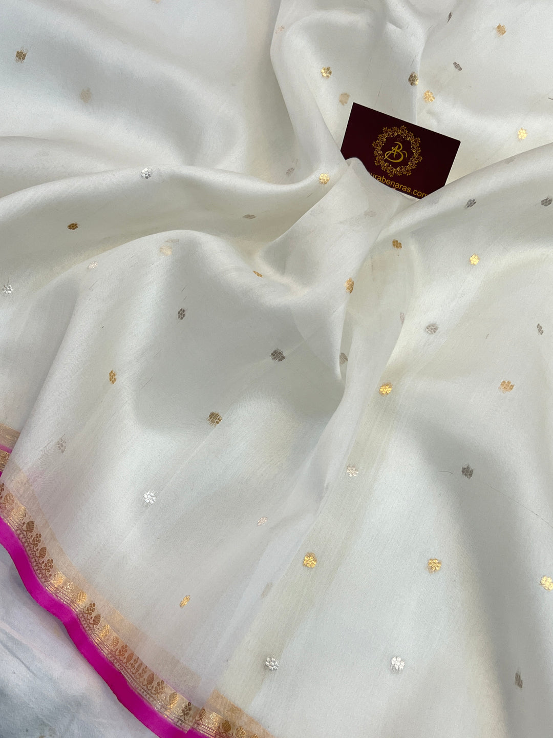 White Pure Kora Silk Handloom Banarasi Saree