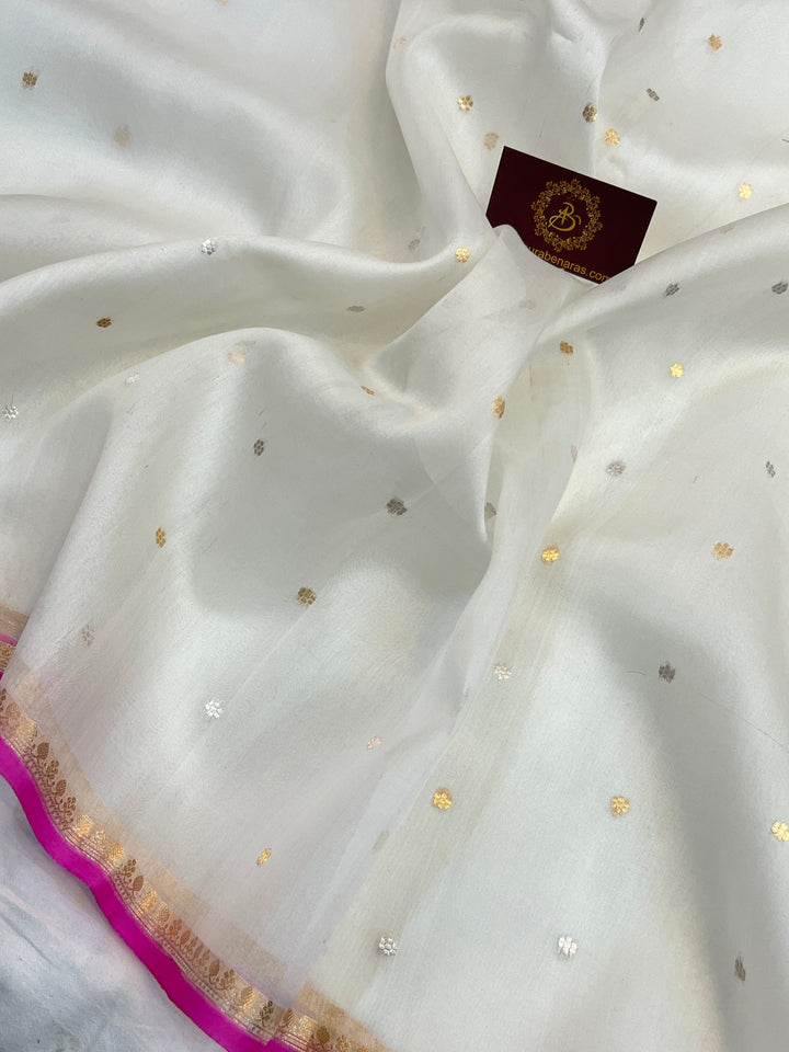 White Pure Kora Silk Handloom Banarasi Saree