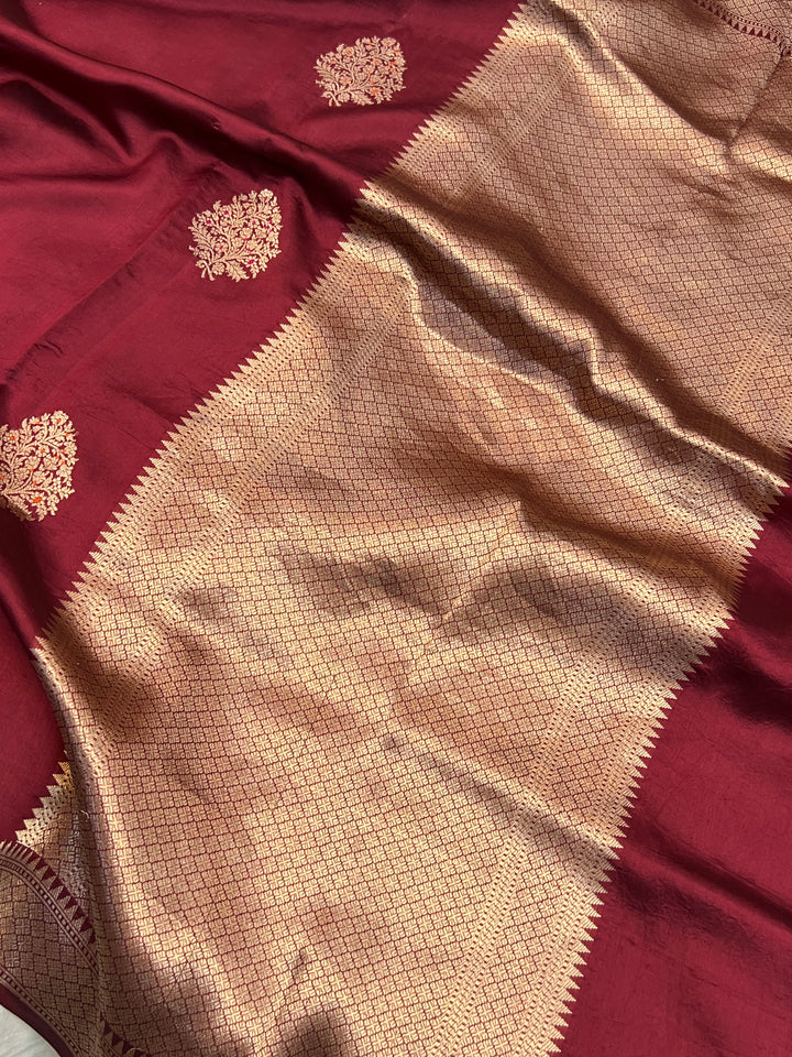 Maroon Pure Silk Handloom Banarasi Saree with Kadhwa meenakari motifs