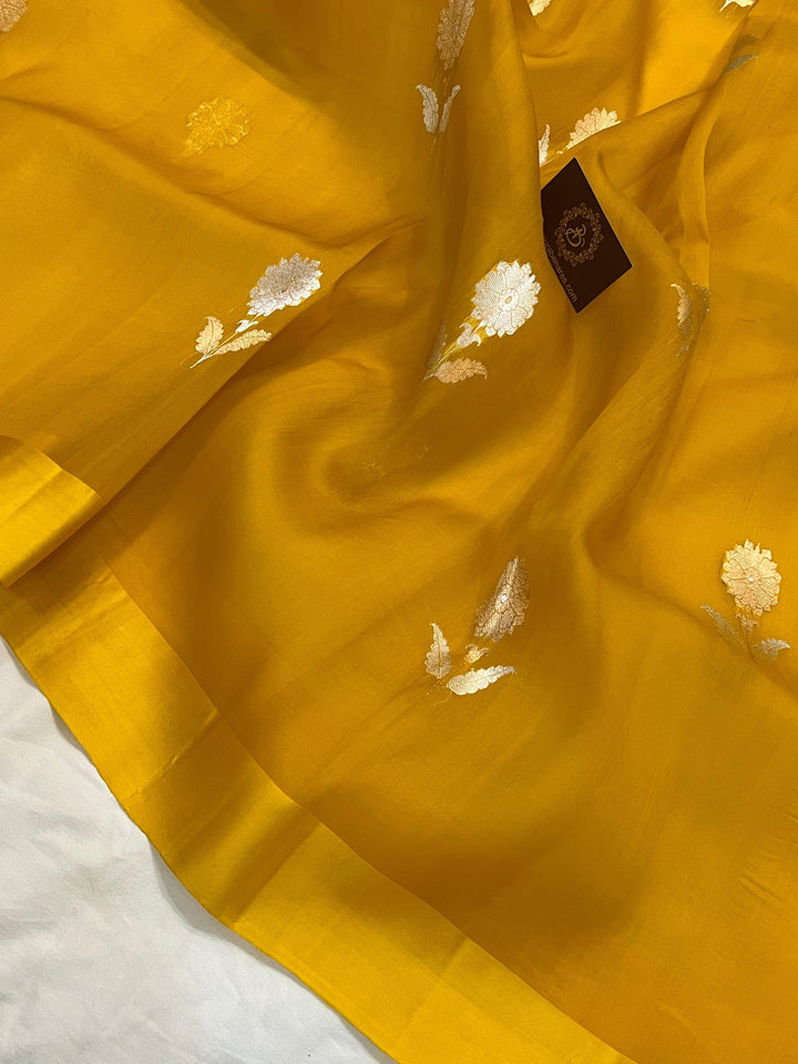 Mustard Yellow Banarasi Handloom Kora Silk Saree - Aura Benaras