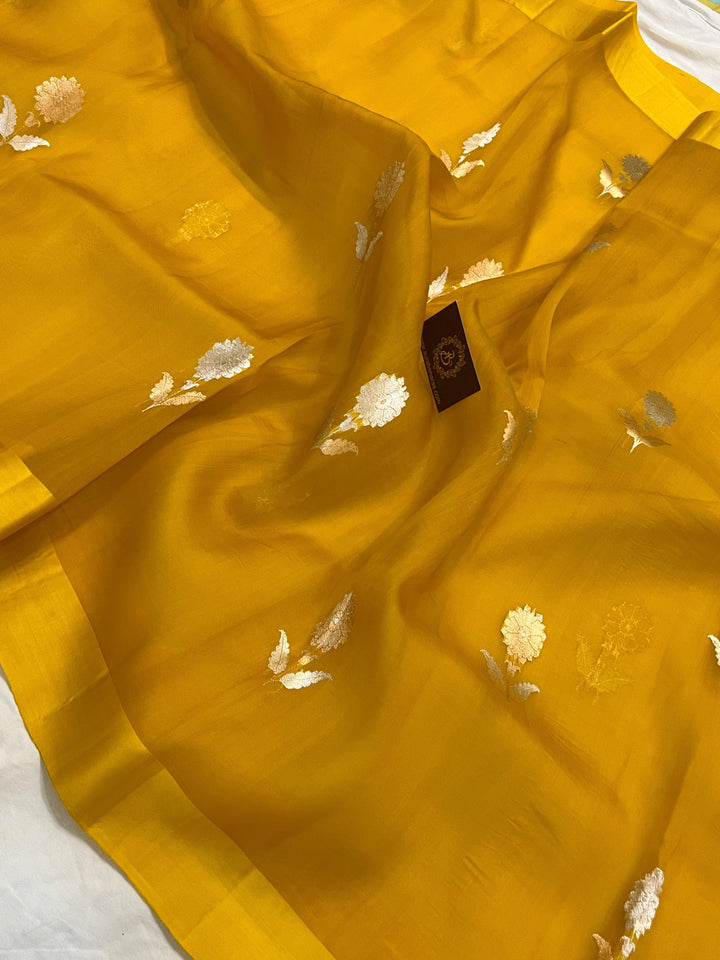 Mustard Yellow Banarasi Handloom Kora Silk Saree - Aura Benaras