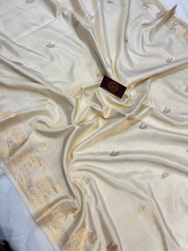 Cream Pure Banarasi Handloom Katan Silk Saree - Aura Benaras