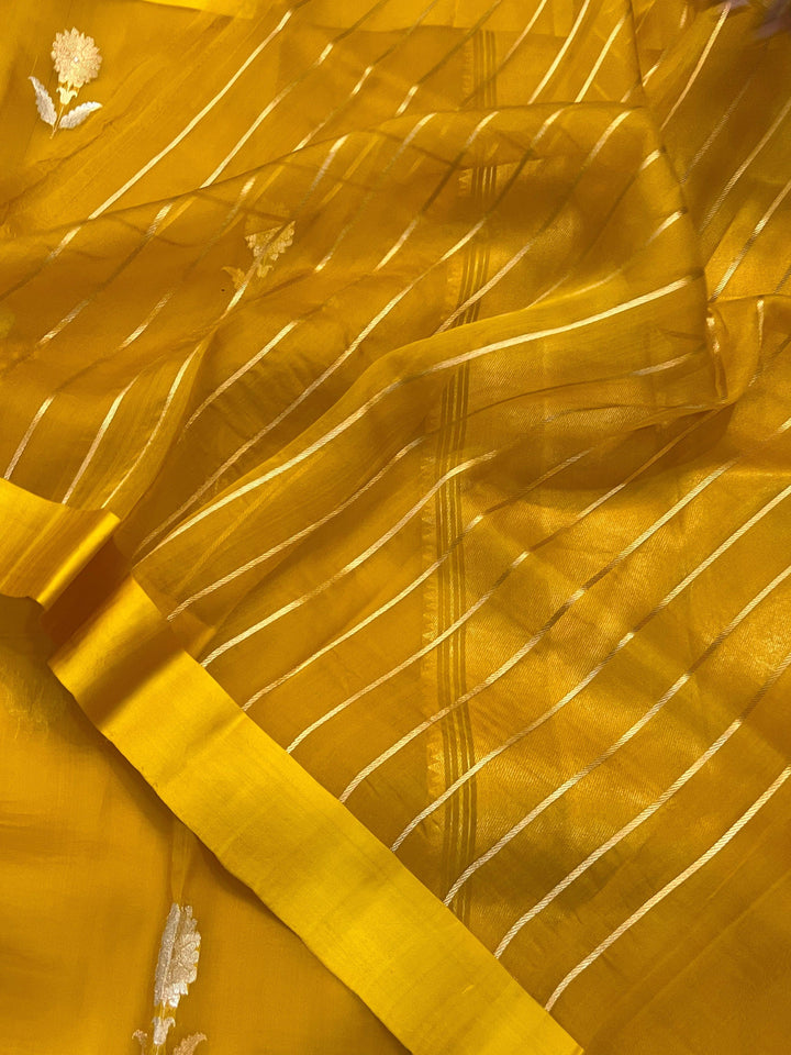 Mustard Yellow Banarasi Handloom Kora Silk Saree - Aura Benaras