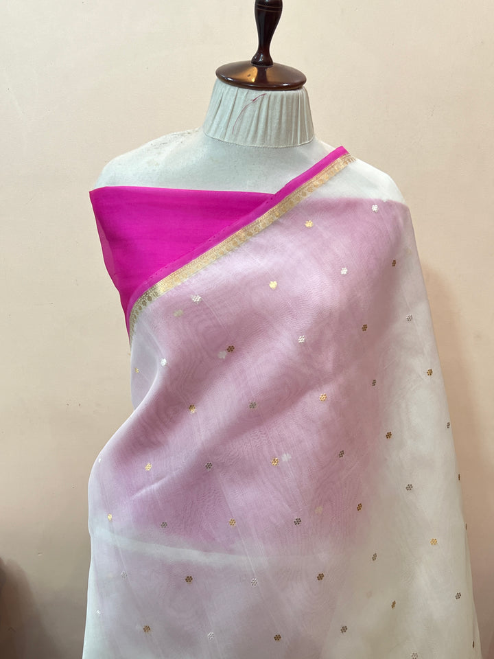 White Pure Kora Silk Handloom Banarasi Saree