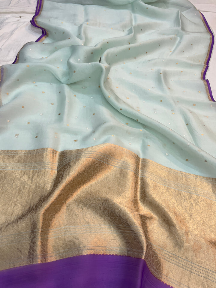 Sky Blue Pure Kora Silk Handloom Banarasi Saree