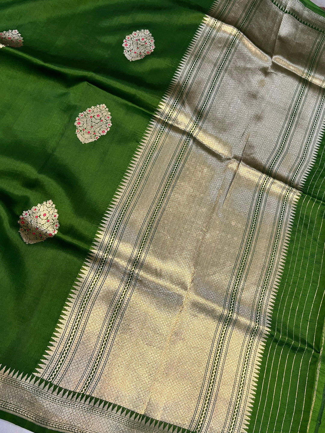 Mehendi Green Pure Banarasi Handloom Silk Saree - Aura Benaras