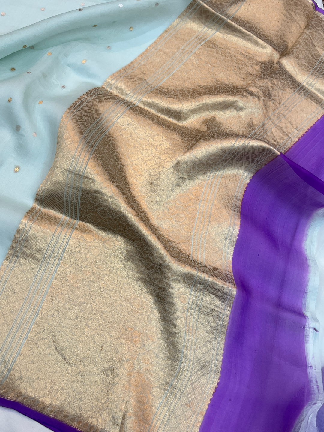 Sky Blue Pure Kora Silk Handloom Banarasi Saree