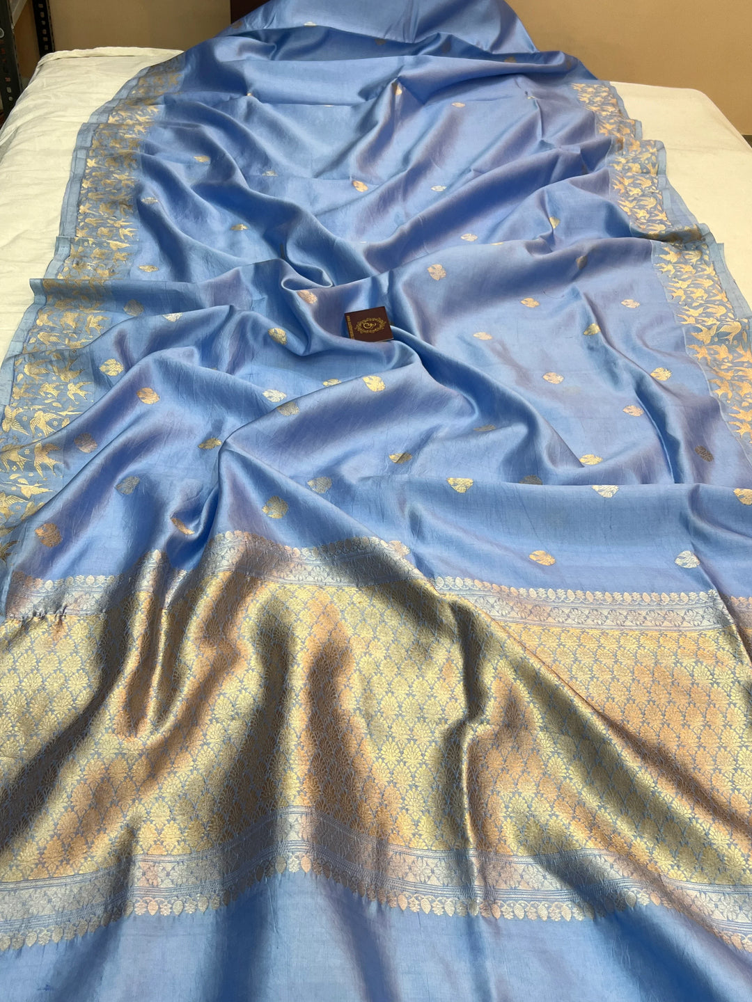 Blue Pure Silk Handloom Banarasi Saree with Kadhwa Butis & Bird Border