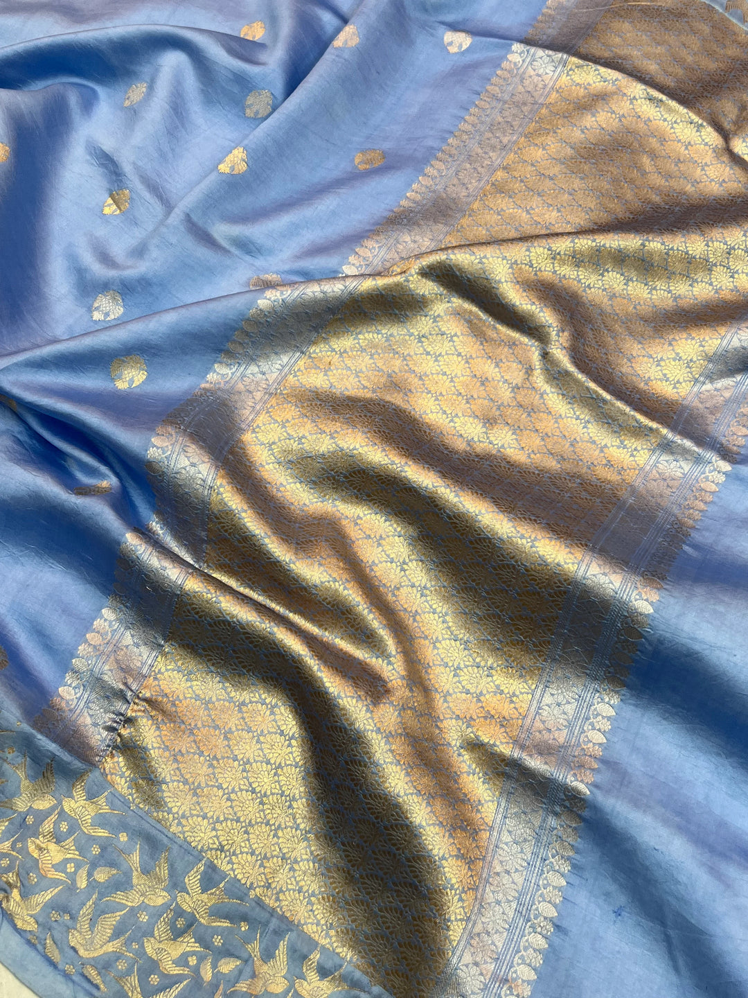 Blue Pure Silk Handloom Banarasi Saree with Kadhwa Butis & Bird Border