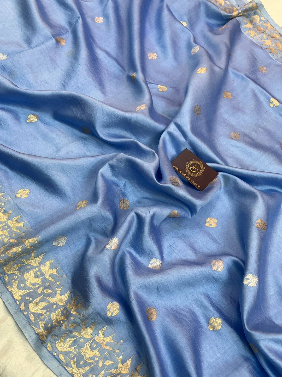 Blue Pure Silk Handloom Banarasi Saree with Kadhwa Butis & Bird Border