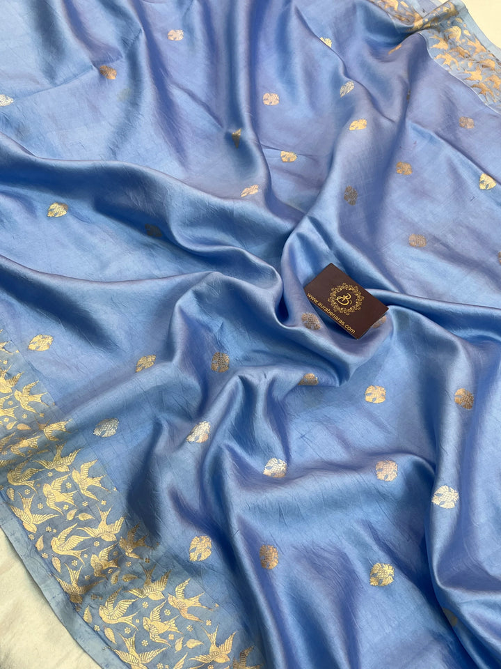 Blue Pure Silk Handloom Banarasi Saree with Kadhwa Butis & Bird Border