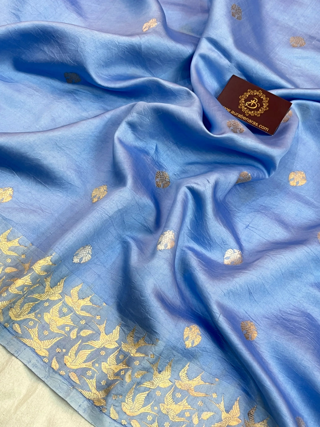 Blue Pure Silk Handloom Banarasi Saree with Kadhwa Butis & Bird Border