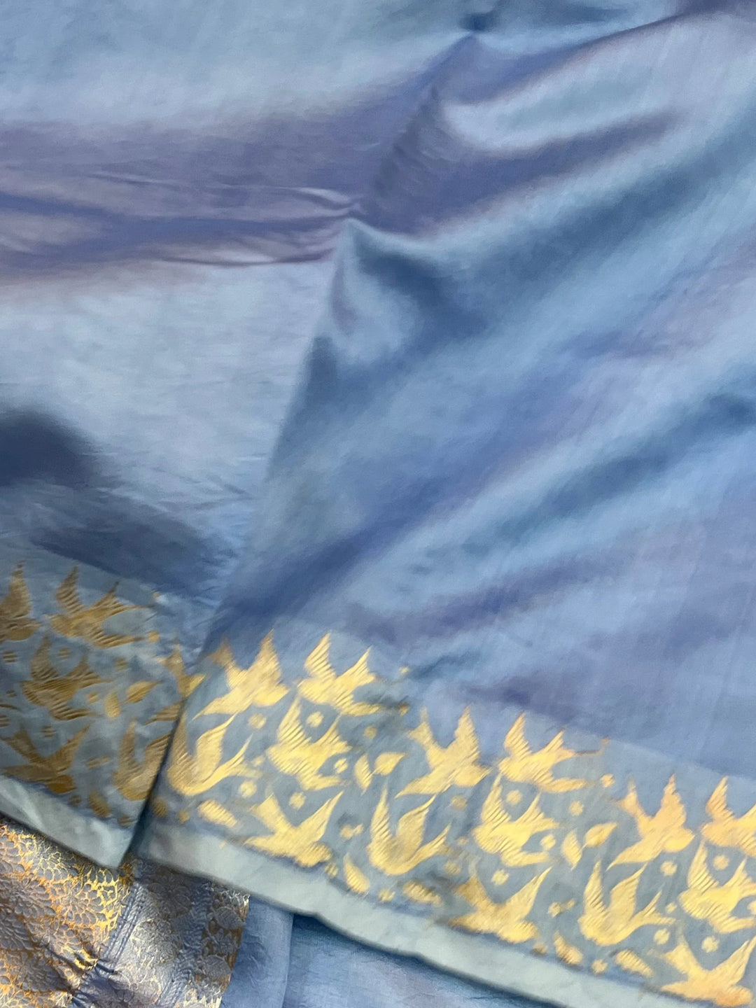 Blue Pure Silk Handloom Banarasi Saree with Kadhwa Butis & Bird Border