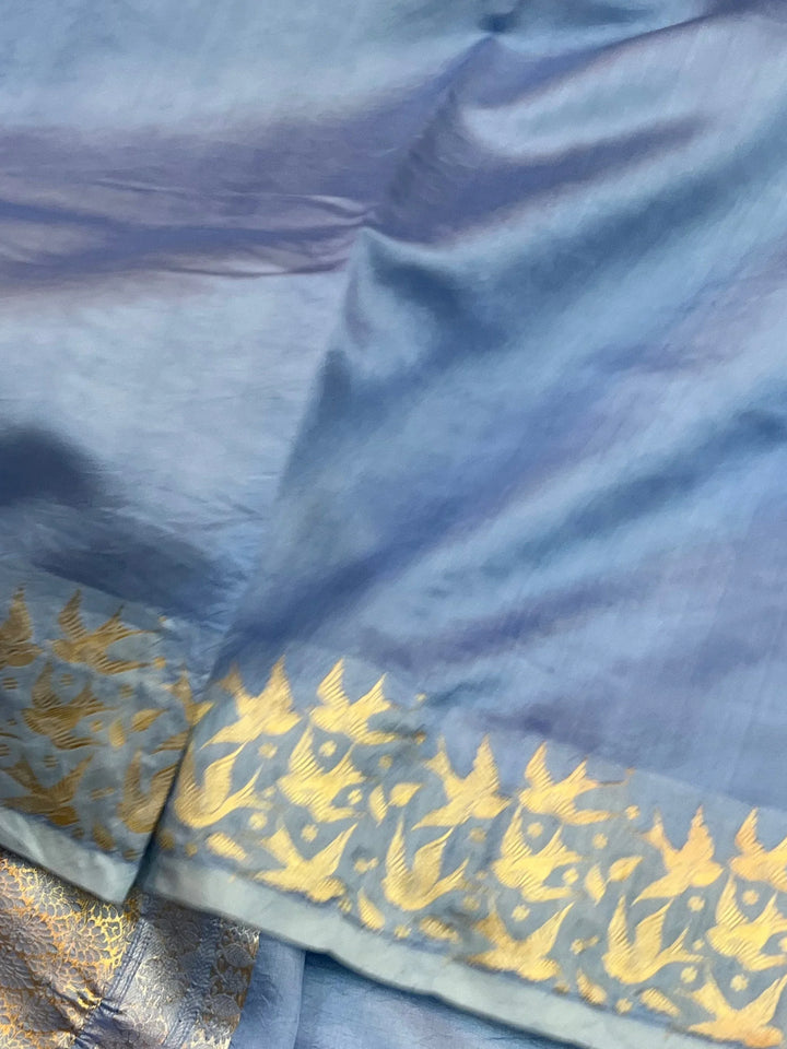Blue Pure Silk Handloom Banarasi Saree with Kadhwa Butis & Bird Border