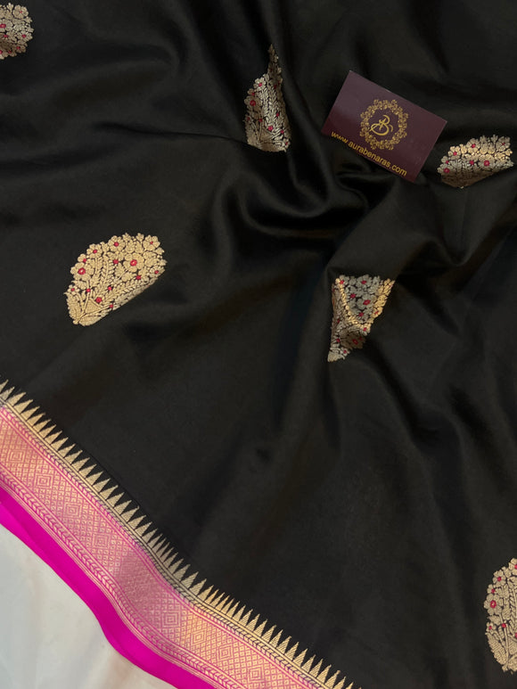 Black Pure Banarasi Handloom Silk Saree - Aura Benaras